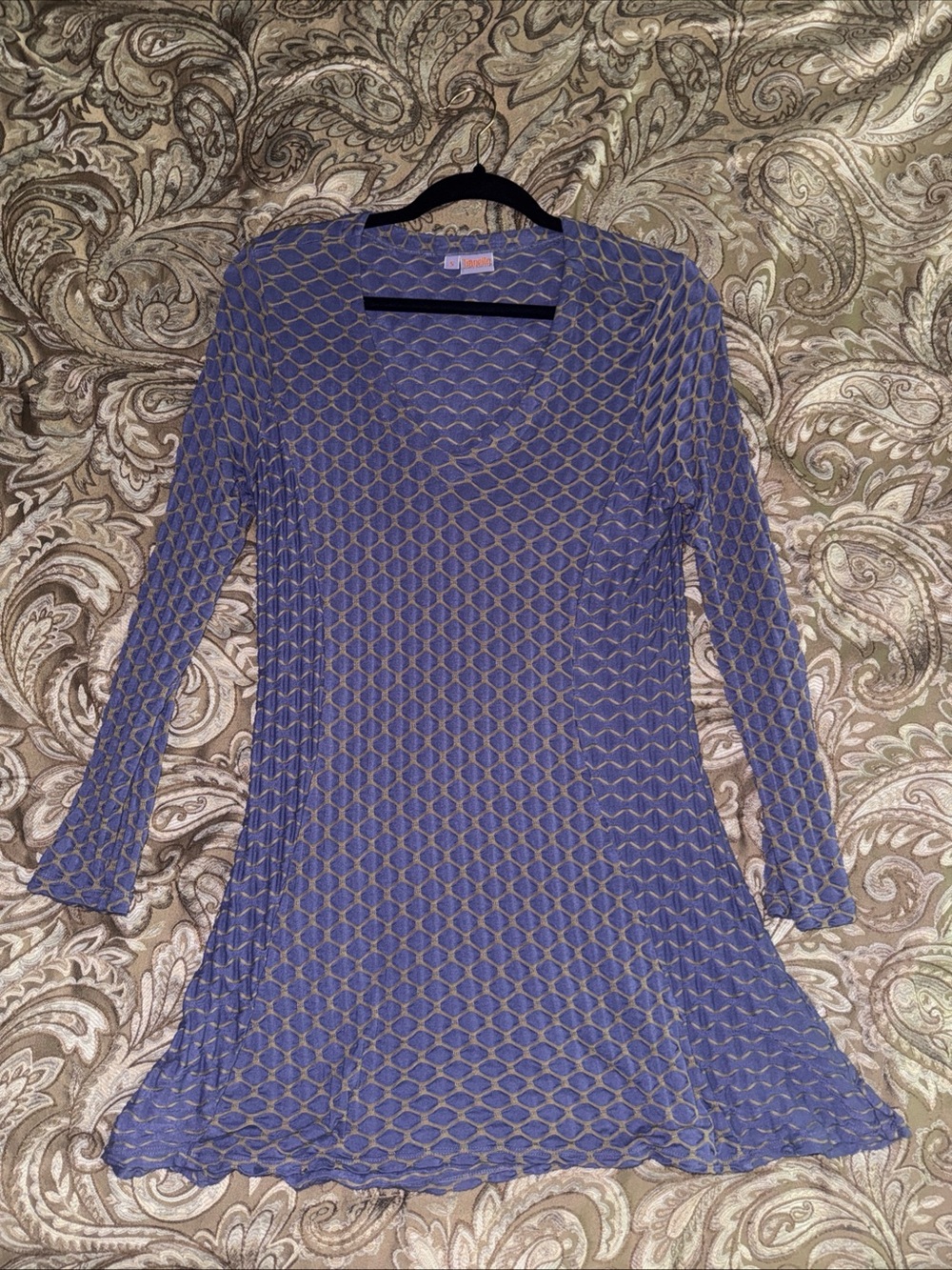 Tianello Steve Barraza Dress Women’s Small Blue Taupe Geometric Long Sleeve USA